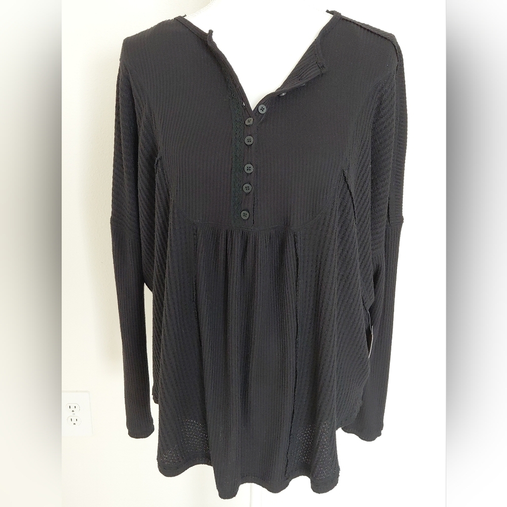 NWT Free People Black Waffle Knit Tunic Top XS Boho Long Sleeve Oversized Flowy